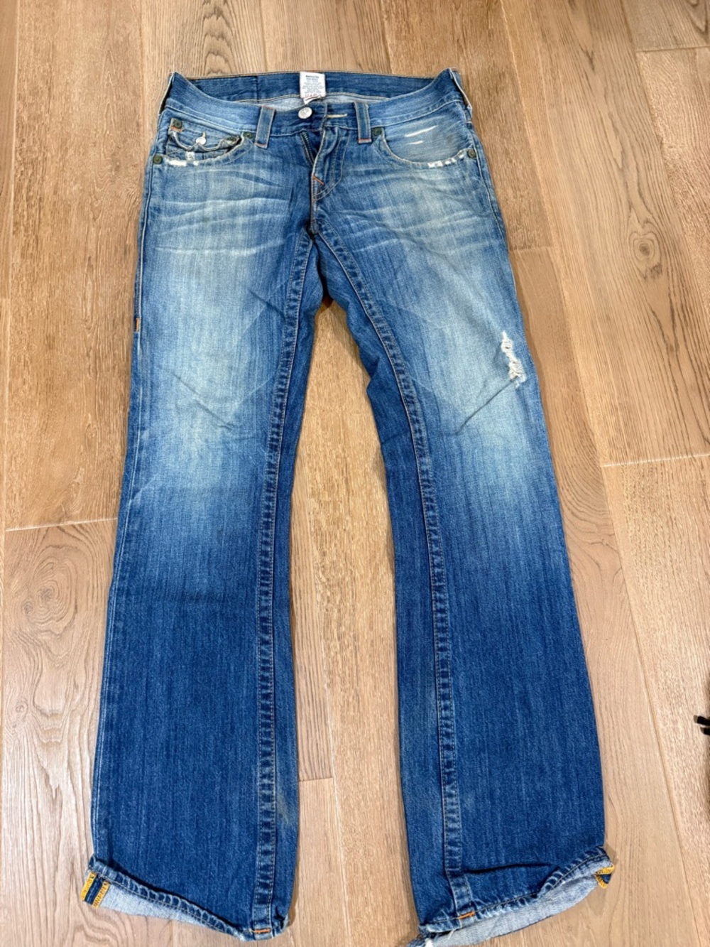 True Religion Men’s Blue Bootcut Jeans with Light Distressing